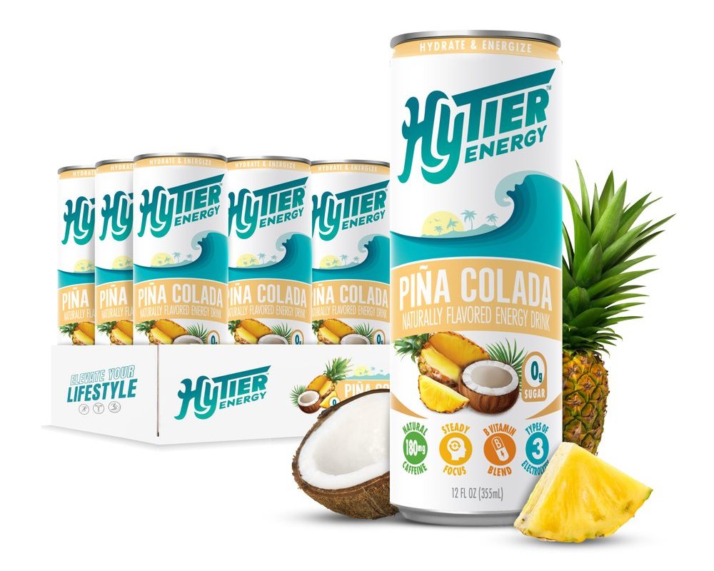 HyTier Energy Piña Colada can with a case of cans