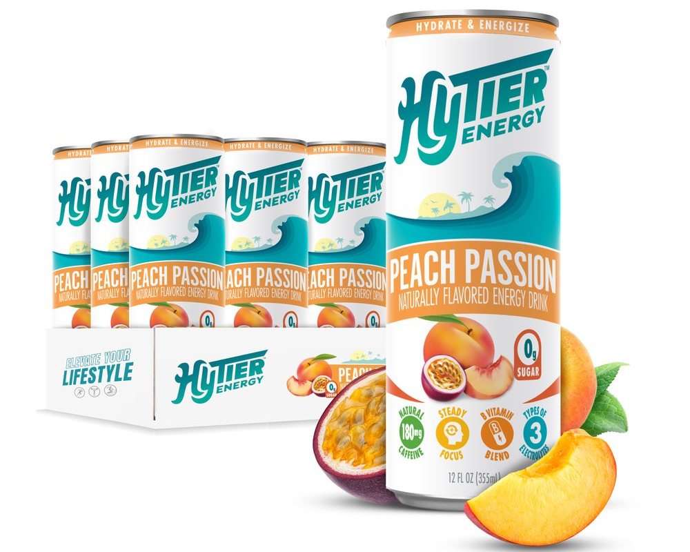 HyTier Energy Peach Passion can with a case of cans